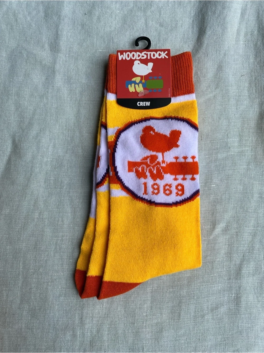 Lot of 3 NWT Bioworld Woodstock crew socks yellow purple size 10-13